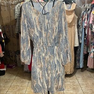 Nine West Blue and Cream Long Sleeve Dress